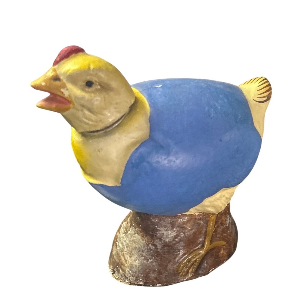Vintage Ceramic Chicken Figurine Planter Blue & Yellow Bird Decor